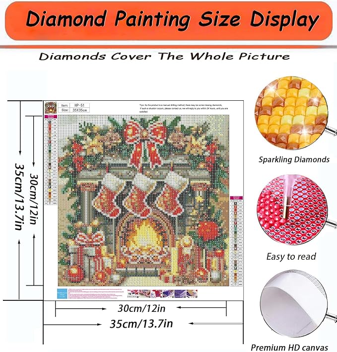 APTDYIGL 5D Christmas Diamond Painting Kits for Adults Beginner,DIY Christmas Fireplace Diamond Art Kits for Adults,Round Full Drill Diamond Dots with Gem Art Kits,Home Wall Decor 13.7X13.7inch