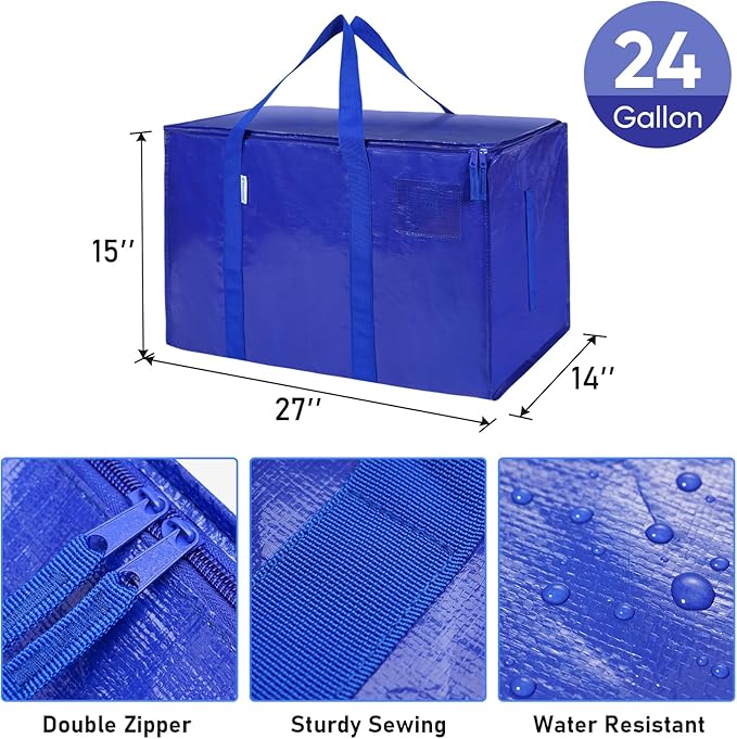 TICONN 16 Pack Extra Large Moving Bags Heavy Duty with Zippers & Carrying Handles, Durable Storage Bags Moving Boxes for Closet Organizers and Storage (16 Pack, Blue)