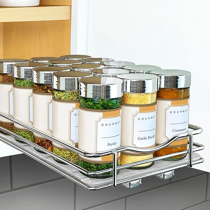 LYNK PROFESSIONAL® Pull Out Spice Rack Organizer for Inside Kitchen Cabinets - 6-3/8 inch Wide - Slide Out Drawer – Chrome Sliding Spice Organization for cabinet - Spice Racks - 1 Tier