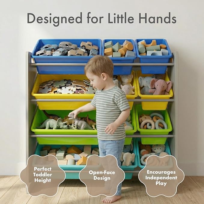 Humble Crew Kids Toy Storage Organizer with 12 Plastic Bins, Grey/Blue/Green/Yellow – Removable Bins for Playroom, Bedroom, Toddler Furniture for Boys and Girls Ages