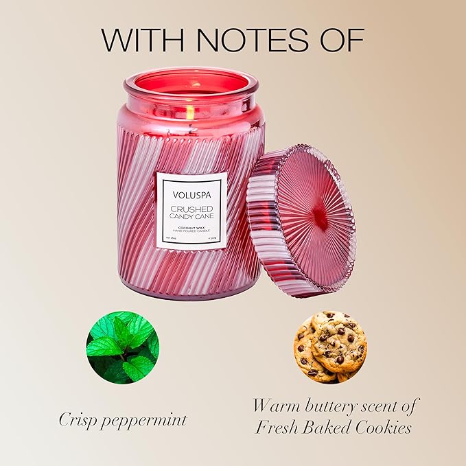 Voluspa Crushed Candy Cane, Large Candle Jar, 18 oz, 100 Hour Burn Time, Coconut Wax for Clean Burning, Handcrafted in The USA