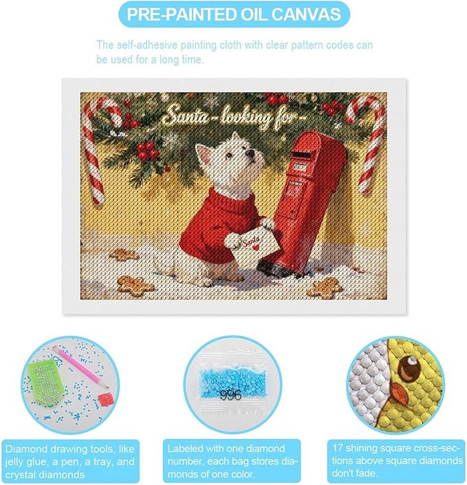 Diamond Painting Kits for Adults - Cute Scottish Terrier Christmas Westie Dog Holding Santa Letter Painting DIY 5D Full Drill Diamond Dots Paintings with Diamonds Gem Art And Crafts Home Decor 8"x12"