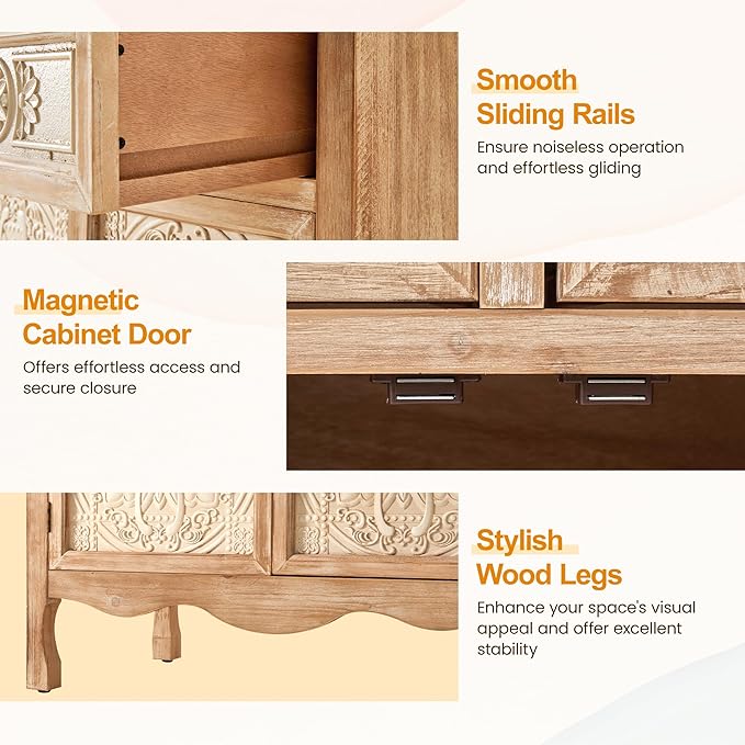RoyalCraft Vintage Sideboard Buffet, Accent Cabinet with 2 Carved Doors and 2 Drawers, French Country Cabinets for Dining Room, Kitchen, Living Room, Hallway (Natural2, 16''D x 30''W x 30''H)
