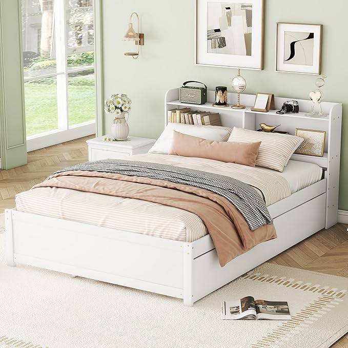 Harper & Bright Designs Full Size Captain Bed with Trundle and Bookcase Headboard, Wooden Full Platform Bed Frame with Storage Bookself, Trundle Bed Under for Kids Girls Boys, White