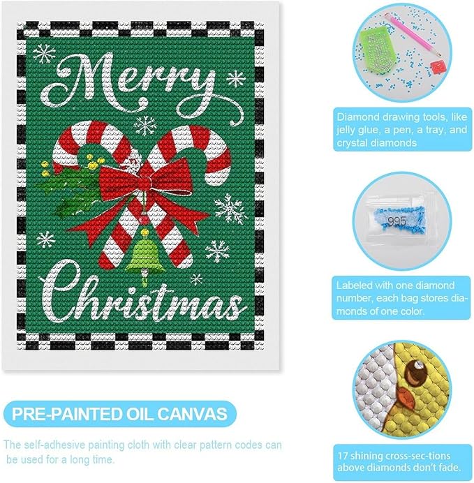 AIVKIEJK Diamond Painting Kits for Adults - Festive Merry Christmas Red Bow, Candy Cane & Bell Painting DIY 5D Full Drill Diamond Dots Paintings with Diamonds Gem Art and Crafts Home Decor 12"x16"