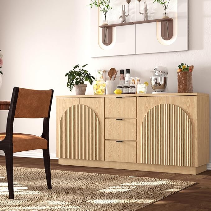 Brafab 67" Mid Century Modern Style Storage Sideboard with 4 Arched Reeded Design Doors and 3 Drawers with Adjustable Shelves, Suitable for Living Rooms, Studies and Dining Rooms (Natural Oak, 2 PCS)