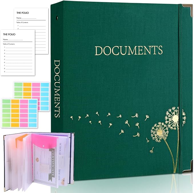 XKDOUS Important Document Organizer Folio Folders with 9 Pockets 3 Ring Linen Binder Organizer Expanding Storage Documents Holder with 9 Pockets and Labels for Papers, Files