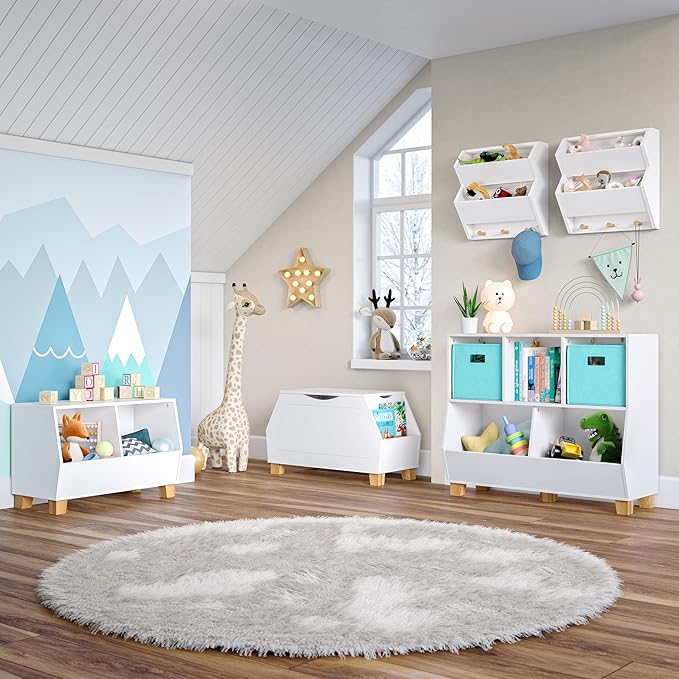 RiverRidge Catch-All Kids Toy Storage Organizer with 3 Cubbies and 2 Storage Bin Compartments - 35 Inch Wide White and 2 Aqua Fabric Bins Kids Room Decor Toy Organizers and Bins