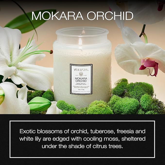 Voluspa Mokara Orchid, Large Candle Jar, 18 oz, 100 Hour Burn Time, All Natural Wicks and Coconut Wax for Clean Burning, Vegan, Poured in The USA