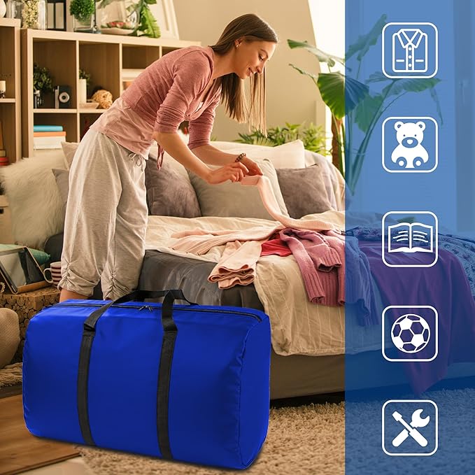 2 Pack 96L Extra Large Moving Bags with Zippers & Carrying Handles for Storage, Packing, Traveling, Camping, Langdry, Big Heavy Duty Moving Totes Bags for Clothes, Supplies and Space Saving Blue