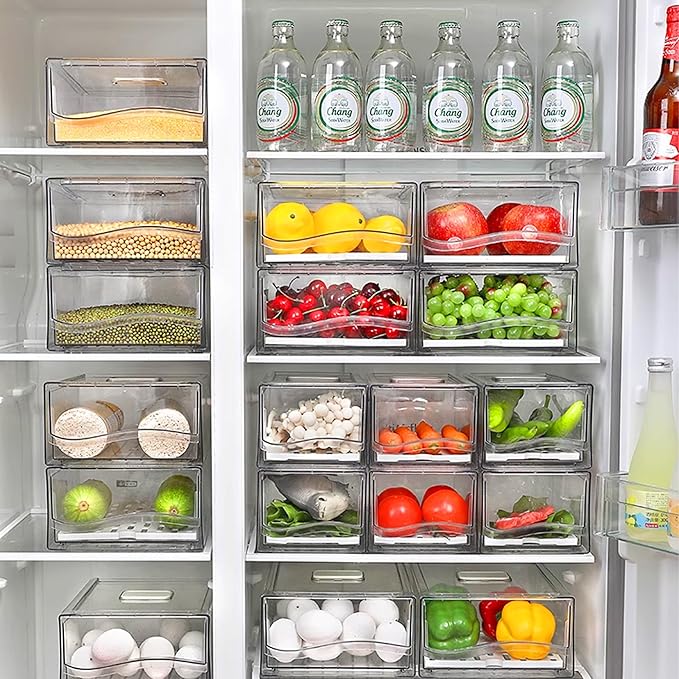 2 Pack Fruit Storage Containers for Fridge, Stackable Refrigerator Organizers and Storage,Reusable Storage Containers Clear Fridge Drawer for Produce,Vegetable in Home Kitchen, Restaurant,BPA-Free