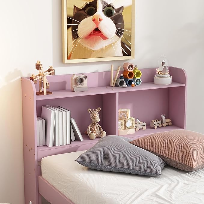 Harper & Bright Designs Twin Size Platform Bed with Bookcase Headboard and Trundle, Wooden Twin Platform Bed Frame with Bookself for Kids Girls Boys, Pink