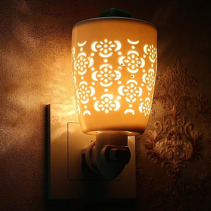 STAR MOON Ceramic Pluggable Wax Melt Warmer, Diffuser for Fragrance Oil, Candle Melter Plug in Wall for Home, Office and Spa, Ideal Gifts, with Two Bulbs Packed Safe to Use- Flower Hollow Design