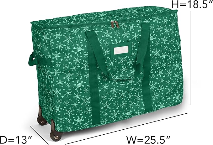 Covermates Keepsakes Rolling Adjustable Ornament Storage Bag – Heavy-Duty Polyester, FlexGrid Trays & Padded Dividers – Protective Holiday Organizer with Wheels, Handles & ID Window, Green Snowflake