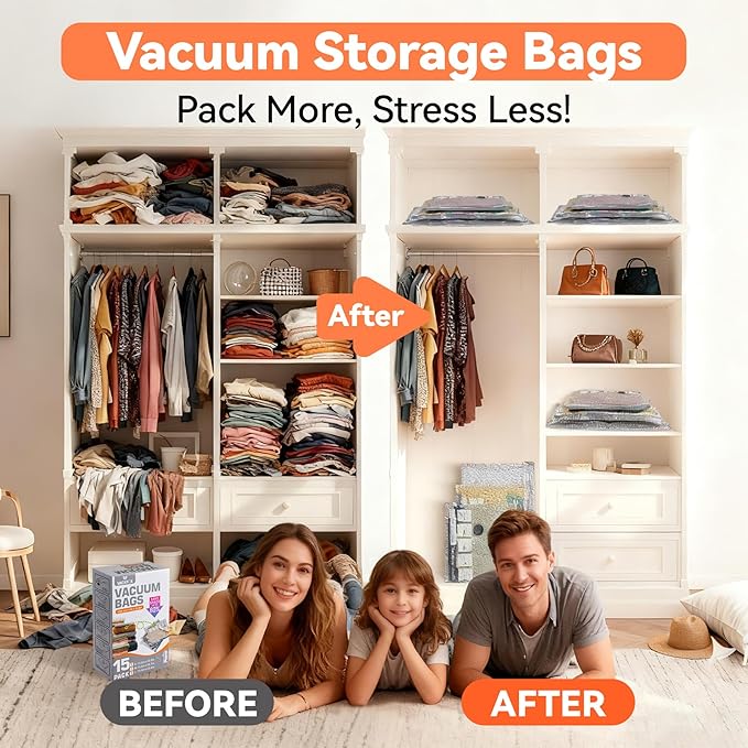 Vacuum Bags for Travel with USB & TYPE C Pump, Vacuum Seal Travel Bags, 15 Pack Carry-On Vacuum Storage Bags for Luggage & Suitcase, Space Saver for Clothes & Travel(Grey)