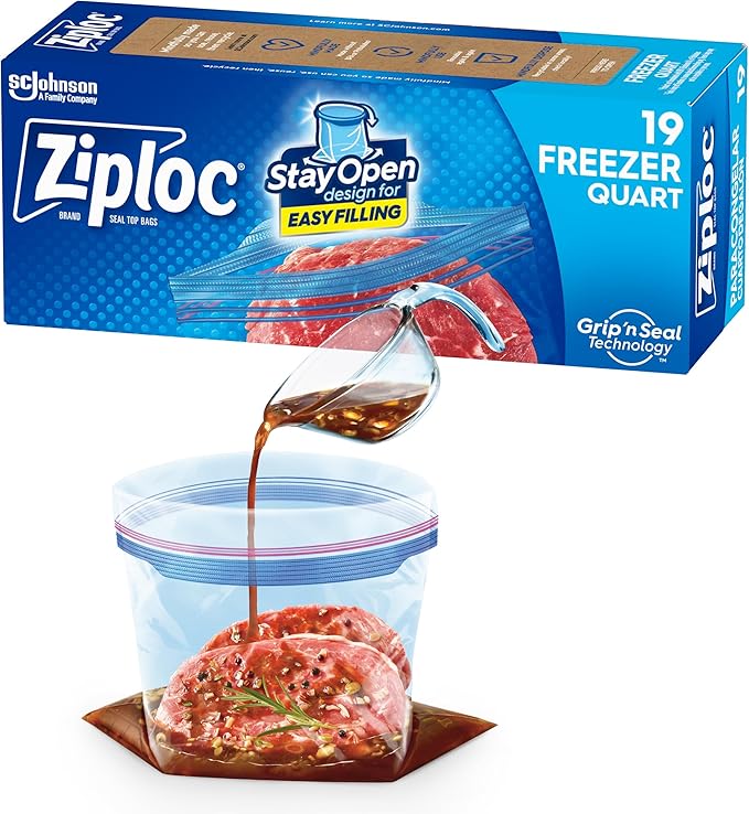 Ziploc Quart Food Storage Freezer Bags, New Stay Open Design with Stand-Up Bottom, Easy to Fill, 19 Count