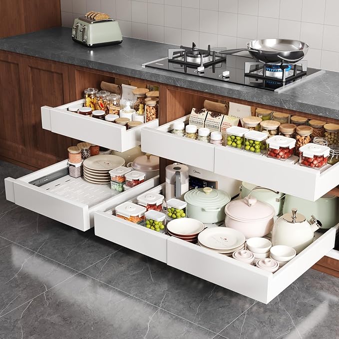 2 Pack Pull Out Cabinet Organizer Expandable Width(15"-25") and Depth(17"-24"),Slide Out Drawers With Raising Pad for Framed Cabinets,No Drill Roll Out Shelves for kitchen,Bathroom,White