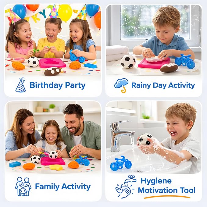 Soap Making Kit for Kids – DIY Soap Making Kit with Sports Shaped Soap Moulds (Basketball, Football, Soccer & Bicycle) Soap Making Supplies that Promote Hygiene DIY Kits for Kids Mobile App Included