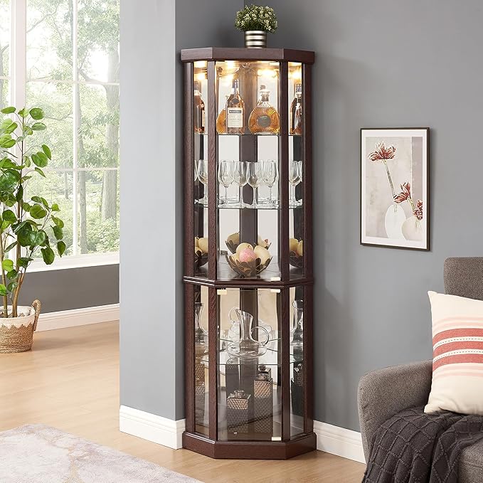 69" H Lighted Curio Cabinet Corner Display Case,Corner Glass Cabinets with Tempered Glass Door and Adjustable Shelves,Wooden Curio Cabinet with Mirrored Back Pane (Style 1 - Dark Cherry)