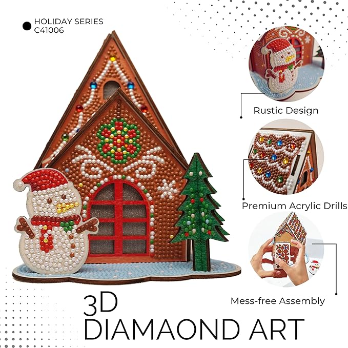 Party Ready 3D Diamond Painting Gingerbread House Christmas Cabin Kit – DIY Holiday Décor, Full Drill Mosaic Art, Festive Craft Kit (Gingerbread House)