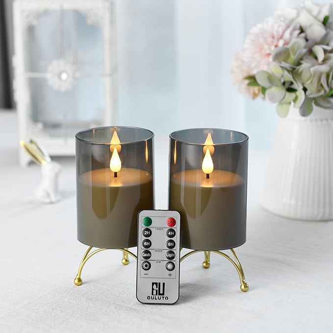 Flameless Flickering Candles, Non-breakable Battery Operated Candles, D 3" xH 4", Set of 2, Led Acrylic Grey Electric Pillars Candle with Remote and Timers for Wedding Party Romantic Decor