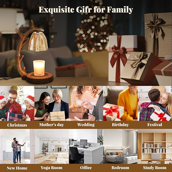 Candle Warmer Lamp | Rustic Candle Warmer Lamp with Timer and Dimming Function | Suitable for Retro Decoration and Creative Gifts Features A Resin Reindeer Antler Design and Comes with 2 Light Bulbs