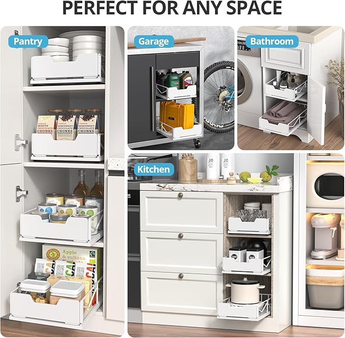 ZOINLIY Pull Out Cabinet Organizer, Pantry Slide Out Drawer Organizer with Adhesive Strips, Heavy Duty Under Sink Organizer, Storage and Organization for Kitchen, Bathroom, 15.7" D x 9.8" W x 4" H