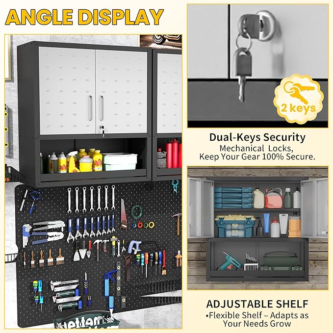 Garage Storage Cabinets Wall Mount, Locking Metal Wall Cabinets with Doors and Adjustable Shelves, Floating Hanging Storage Cabinet for Garage, Basement, Warehouse