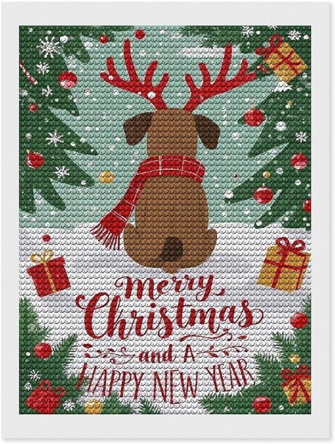 Diamond Painting Kits for Adults - Merry Christmas And Happy New Year Red Antlers & Scarf Painting DIY 5D Full Drill Diamond Dots Paintings with Diamonds Gem Art And Crafts Home Decor 12"x16"