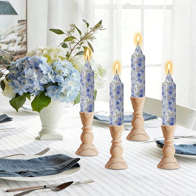5 inch Short Candle Floral Candle Sticks Printed Candlestick Handmade Unscented Taper Candle 4 pcs Blue Flower Tapered Candles for Home Dinner Wedding Holiday