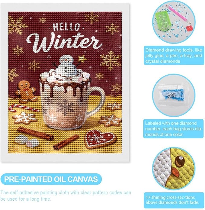 Diamond Painting Kits for Adults - Hello Winter Ice Cream & Gingerbread Snowflakes & Candles Painting DIY 5D Full Drill Diamond Dots Paintings with Diamonds Gem Art And Crafts Home Decor 16"x20"