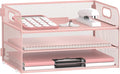 SUPEASY 3 Tier Paper Organizer with Handle, Mesh Desk Organizer Letter Tray, A4 File Folder Paper Tray, Pink