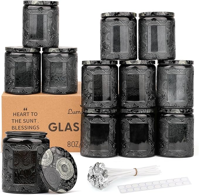 LumaCraft Luxury Embossed Glass Candle Jars for Making Candles - 12 Pack Empty Candle Containers with Airtight Metal Lids, 20 Wicks & 20 Stickers, Colored Glass Jars for Gifts & Decor-8OZ