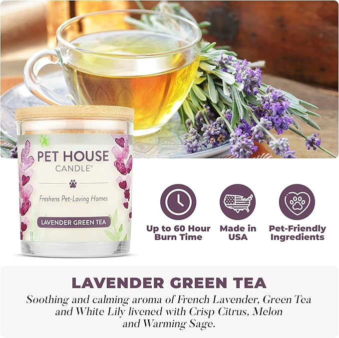 One Fur All Pet House Candle 2 Pack - Plant-Based/Soy - Clean Burning Scented, Long Lasting Pet Odor Candle for Home - Lavender Green Tea