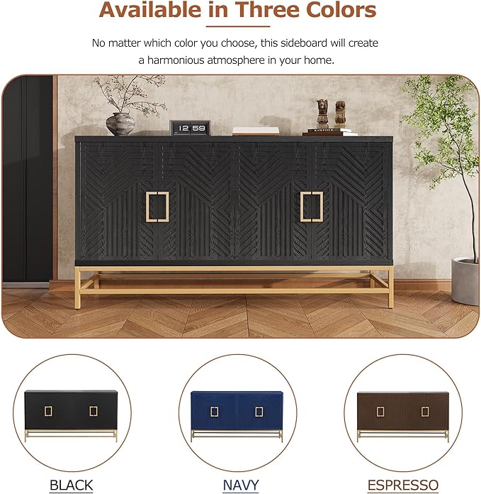 Amposei Accent Sideboard Cabinet 59.8-Inch Retro Credenza Console Storage Cabinet Dining Buffet Table with 4 Doors & Adjustable Shelves for Living Room Entrance, Black