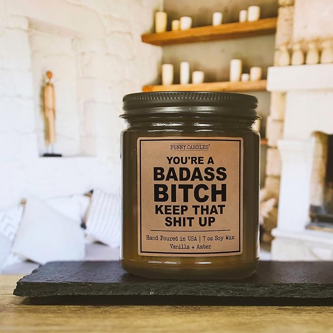 You’re a Badass - Funny Candles - Scented Candle Gift for Women, Vanilla Sandalwood Scent, 9 oz Amber Jar, 50+ Hr Burn, Best Friend Birthday Gifts for Women, Anniversary, Friendship, Motivation