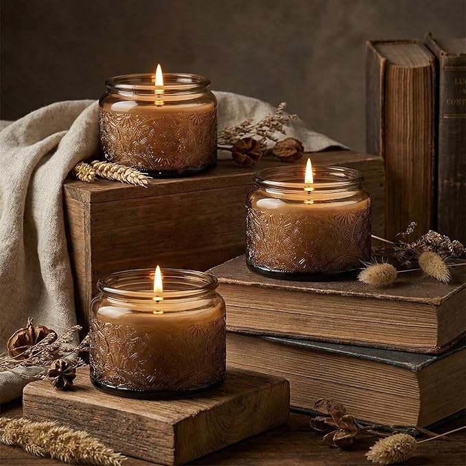 18-Pack 4oz Embossed Glass Candle Container with Bamboo Lids and Labels, Amber Candle Jars for Making Candles, Mandala Design