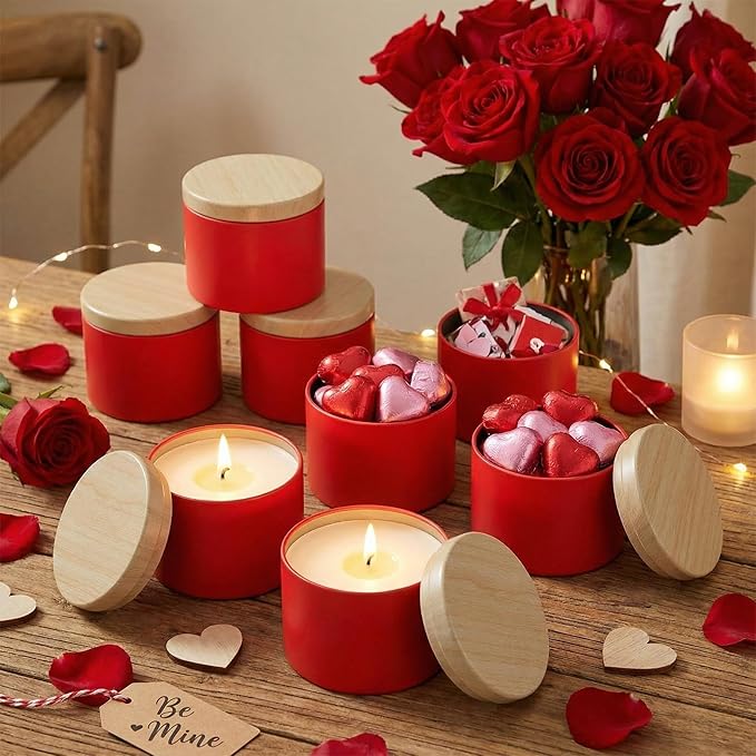 Honeydak 36 Pcs 4oz Red Candle Jars Bulk Candle Tins Small Empty Containers with Metal Wood Grain Printing Lids for Making DIY Jars Storage Wedding Gifts