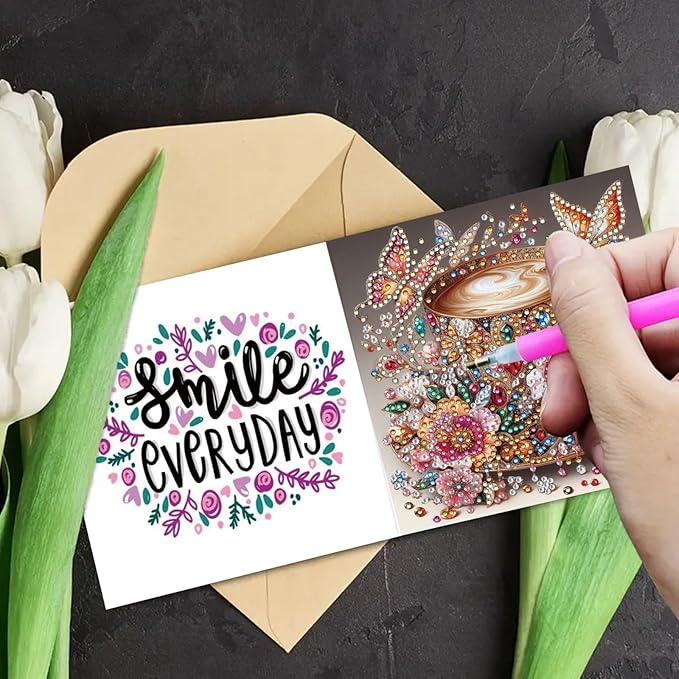 DoxQcs 5D Diamond Art Painting Greeting Cards Kit, DIY Cards for Blessings Congratulations Gifts, Greeting Card Set for Birthday Thanksgiving Day Christmas Halloween-Coffee