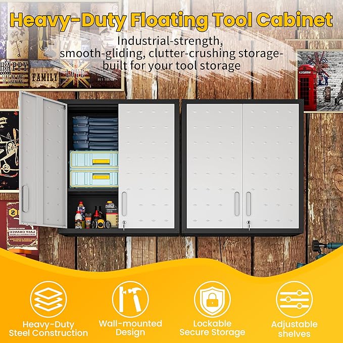 Garage Storage Cabinets Wall Mount, Locking Metal Wall Cabinets with Doors and Adjustable Shelves, Floating Hanging Storage Cabinet for Garage, Basement