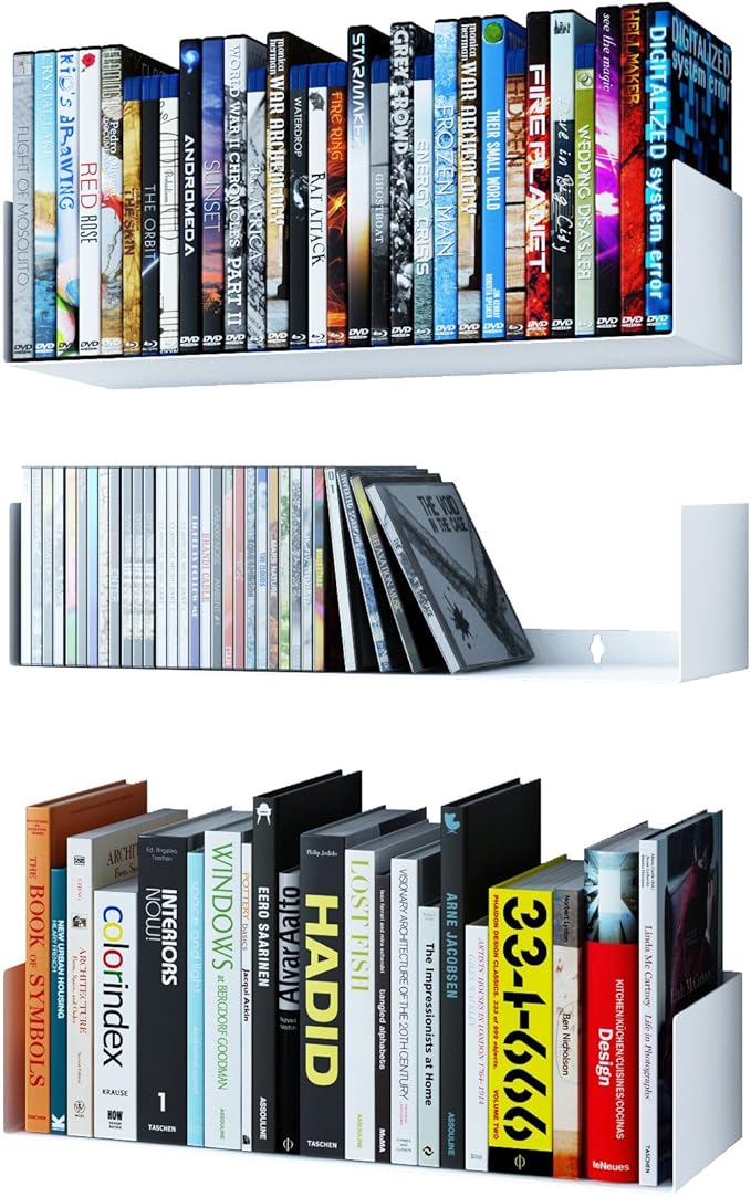 Wallniture Bali White Floating Shelves for Wall, CD DVD Storage Shelves and Metal Bookshelf Set of 3