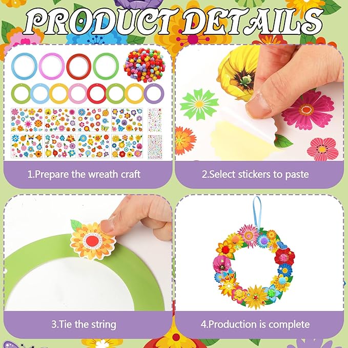 Hollowfly 48 Sets Spring Wreath Craft Kits DIY Flower Hanging Ornaments Make Your Own Paper Craft with Stickers for Home Spring Party Mother's Day Activities