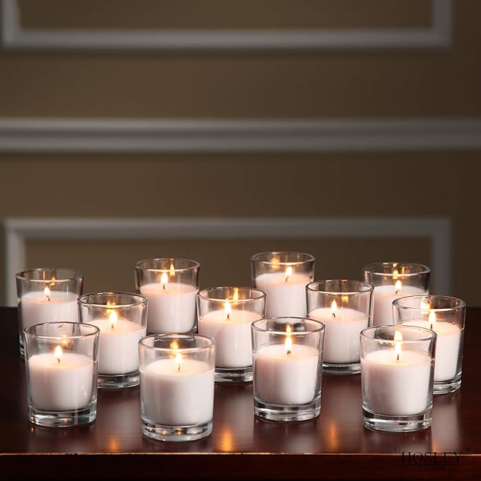 Hosley's Set of 24 Ivory Unscented Glass Filled Votive Candles, Hand Poured Wax Candle Ideal Gifts for Aromatherapy Spa Weddings Birthdays Holidays Party