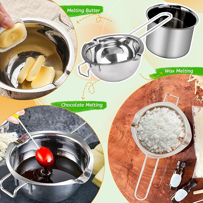 Blingfun Double Boiler Pot Set, Stainless Steel Melting Pot with Candle Wicks, Stickers,Wick Holders,Wick Placing Tube for Soap, Wax, Candle Making