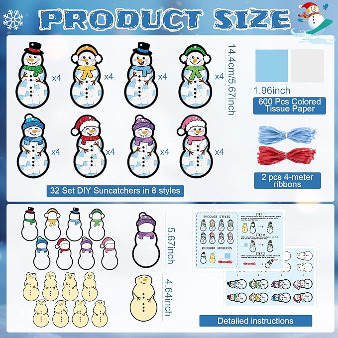 Tinlade 32 Set Winter Snowman Suncatchers Crafts Kit Christmas DIY Window Tissue Paper Hanging Ornaments Make Your Own Stained Glass Sun Catcher Xmas Winter Holiday School Home Classroom Activities