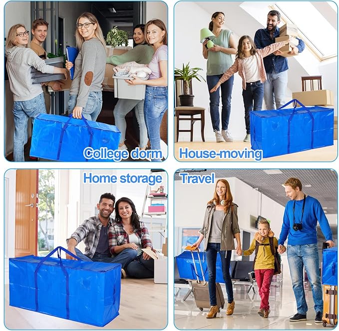 Bigmeta 66 Gallon Extra Large Moving Bags - Heavy Duty Storage Bags with Zipper & Strong Handles, Blue Packing Bag for Moving, Storage, Travel and Camping, College Dorm & Home Supplies, 4 Pcs