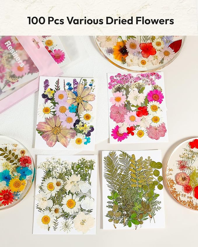 Dried Flowers, Resiners 100Pcs Pressed Flowers for Craft Purple Real Natural Dried Flowers Dry Leaves Kit for DIY Making Crafts Resin Soap Candle Scrapbook Supplies Card Making Jewelry