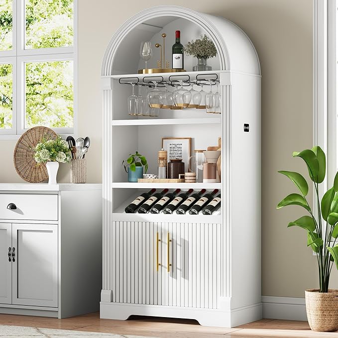 Vlsrka 71" Tall Arched Kitchen Pantry Cabinets, Wood Kitchen Storage Cabinets/Arched Bookshelf/Bookcase,China Cabinet with Open & Adjustable Shelves, Induction LED Light (White A)