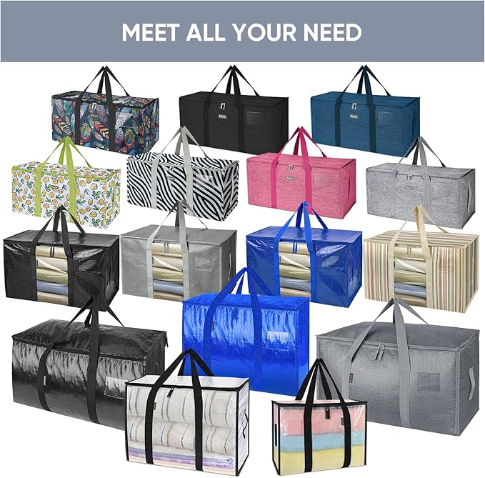 TICONN 16 Pack Extra Large Moving Bags Heavy Duty with Zippers & Carrying Handles, Durable Storage Bags Moving Boxes for Closet Organizers and Storage (16 Pack, Blue)