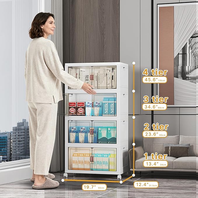 Stackable Storage Bins with Lids, 208QT Closet Organizers and Storage with Doors and Wheels, Extra Large Storage Cabinet, Collapsible Plastic Drawers for Bedroom Dorm Office Garage